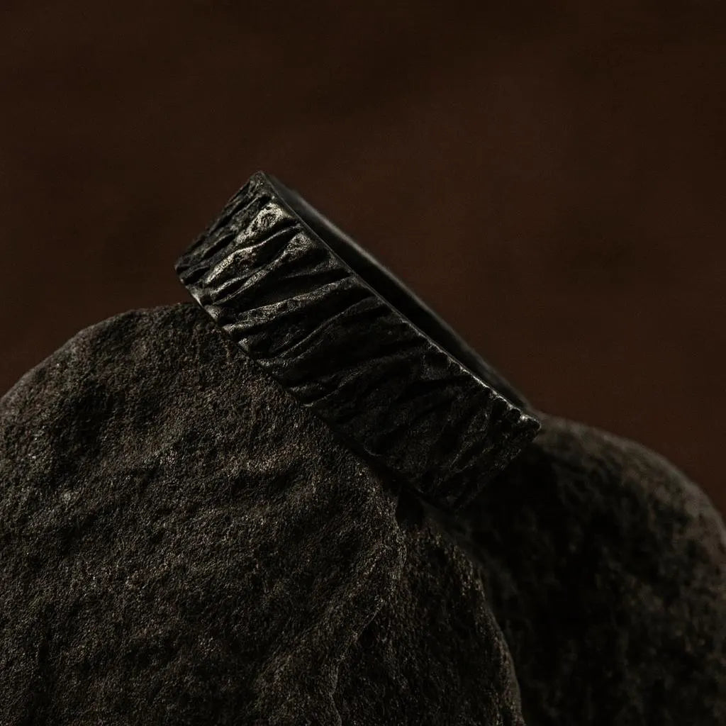 Black Textured Ring – Rugged Lava-Inspired Band – Matte Rough Finish Handmade Men's Jewelry
