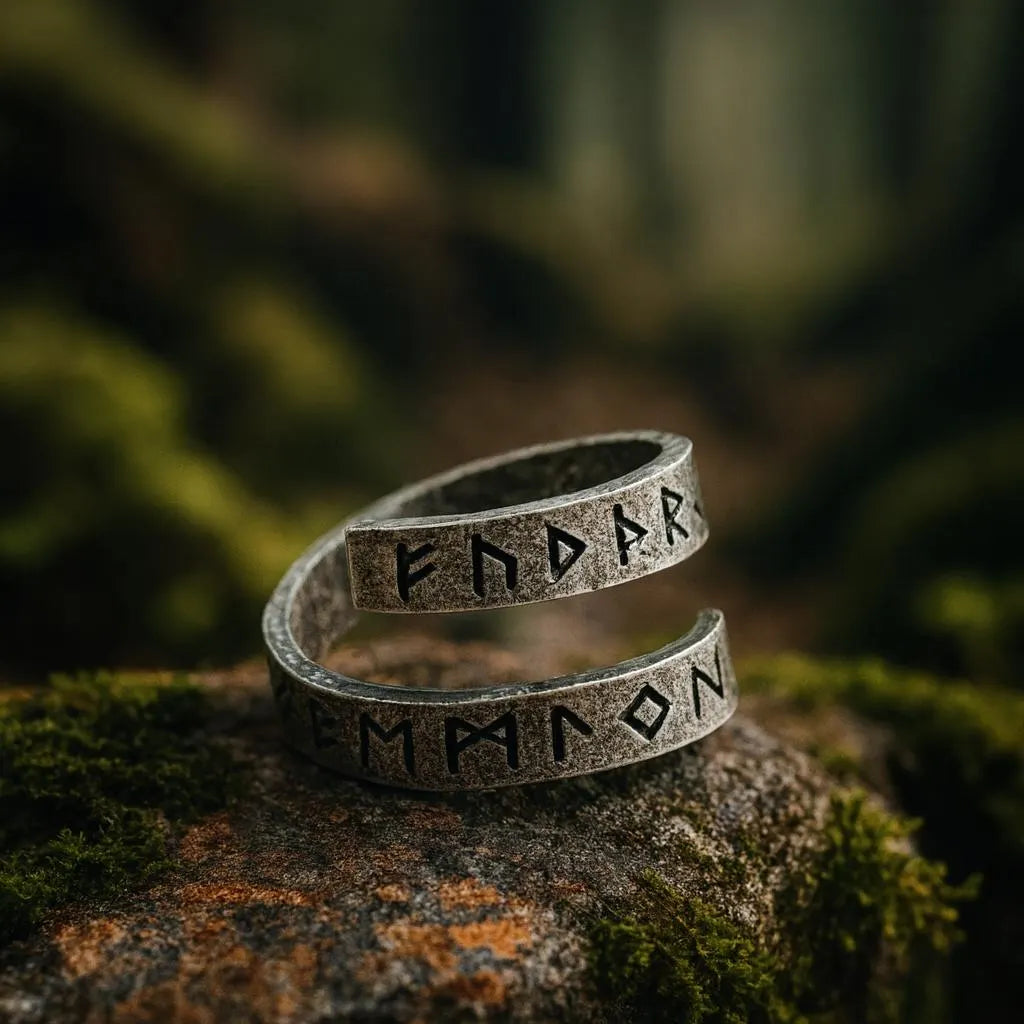 Viking Rune Ring – Adjustable Nordic Runes Silver Band, Norse Pagan Jewelry for Men and Women