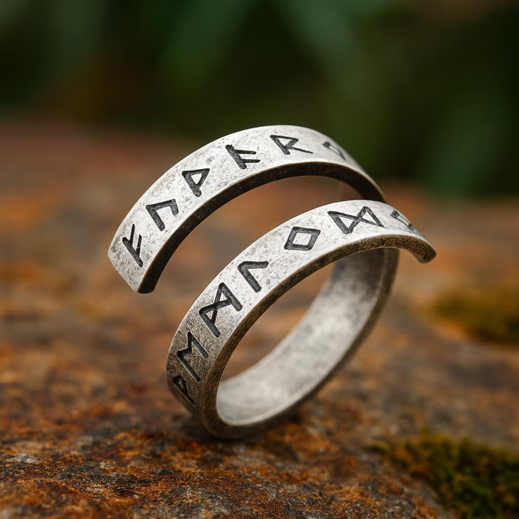 Viking Rune Ring – Adjustable Nordic Runes Silver Band, Norse Pagan Jewelry for Men and Women