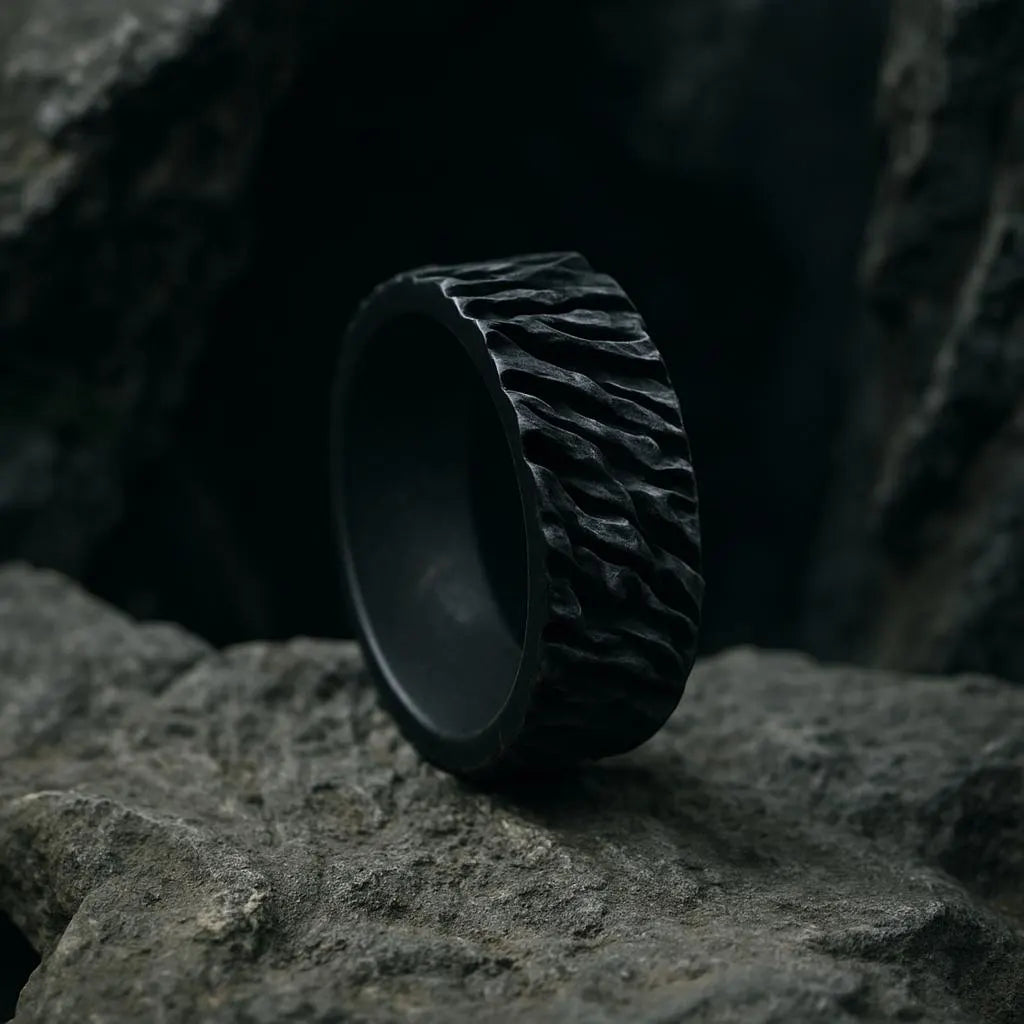 Black Textured Ring – Rugged Lava-Inspired Band – Matte Rough Finish Handmade Men's Jewelry