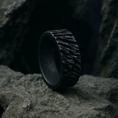 Black Textured Ring – Rugged Lava-Inspired Band – Matte Rough Finish Handmade Men's Jewelry