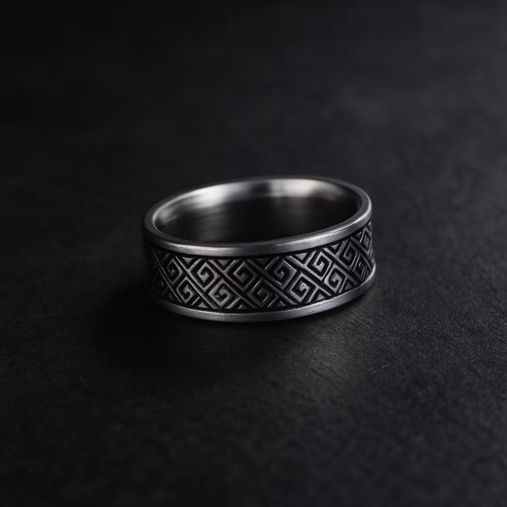 Greek Key Silver Ring– Stainless Steel Spartan Band – Engraved Geometric Pattern Ring