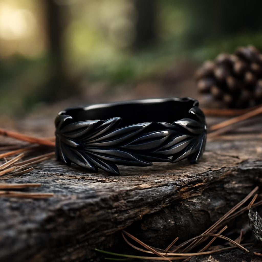 Black Leaf Ring– Matte Oxidized Laurel Band, Viking Jewelry, Nature Inspired Ring