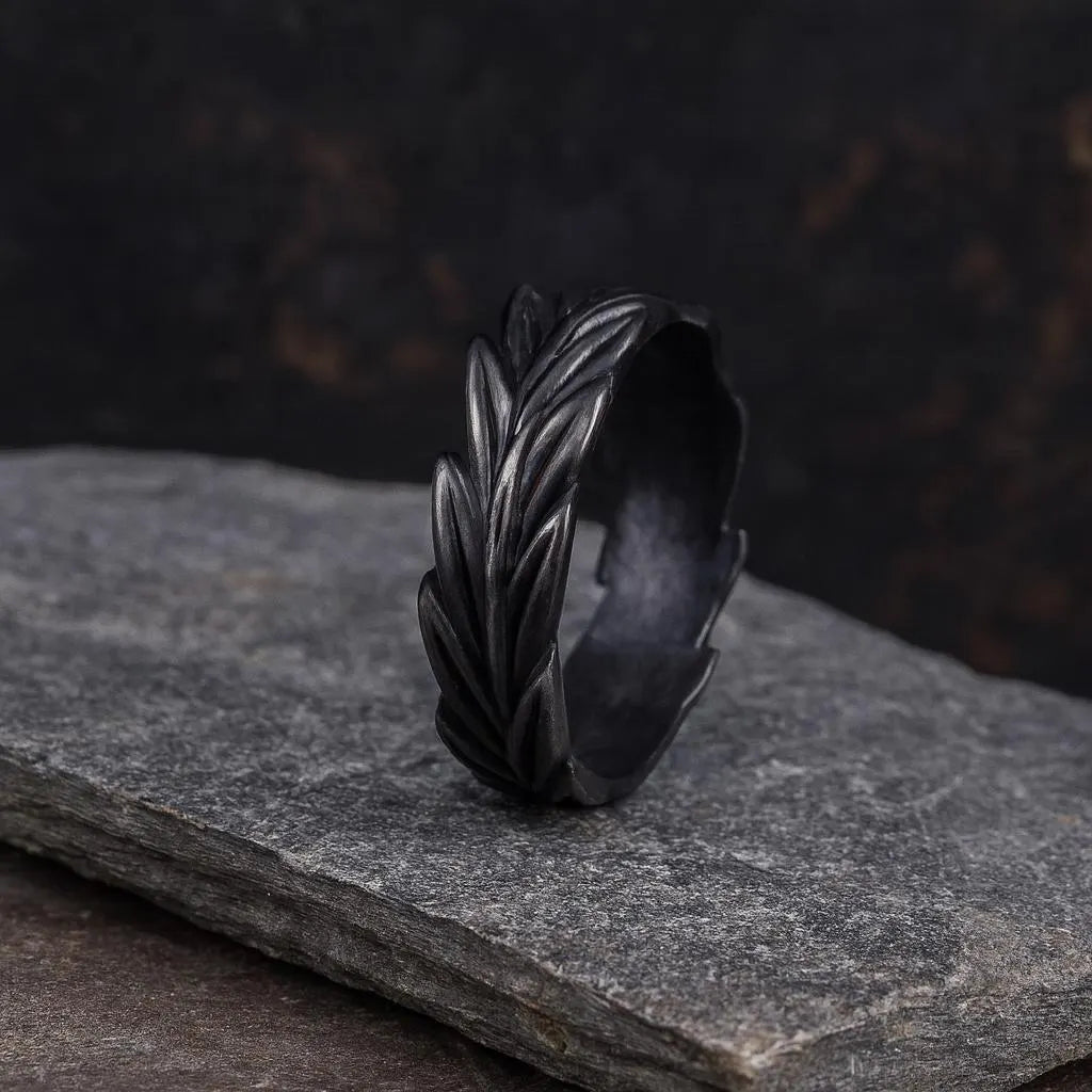 Black Leaf Ring– Matte Oxidized Laurel Band, Viking Jewelry, Nature Inspired Ring