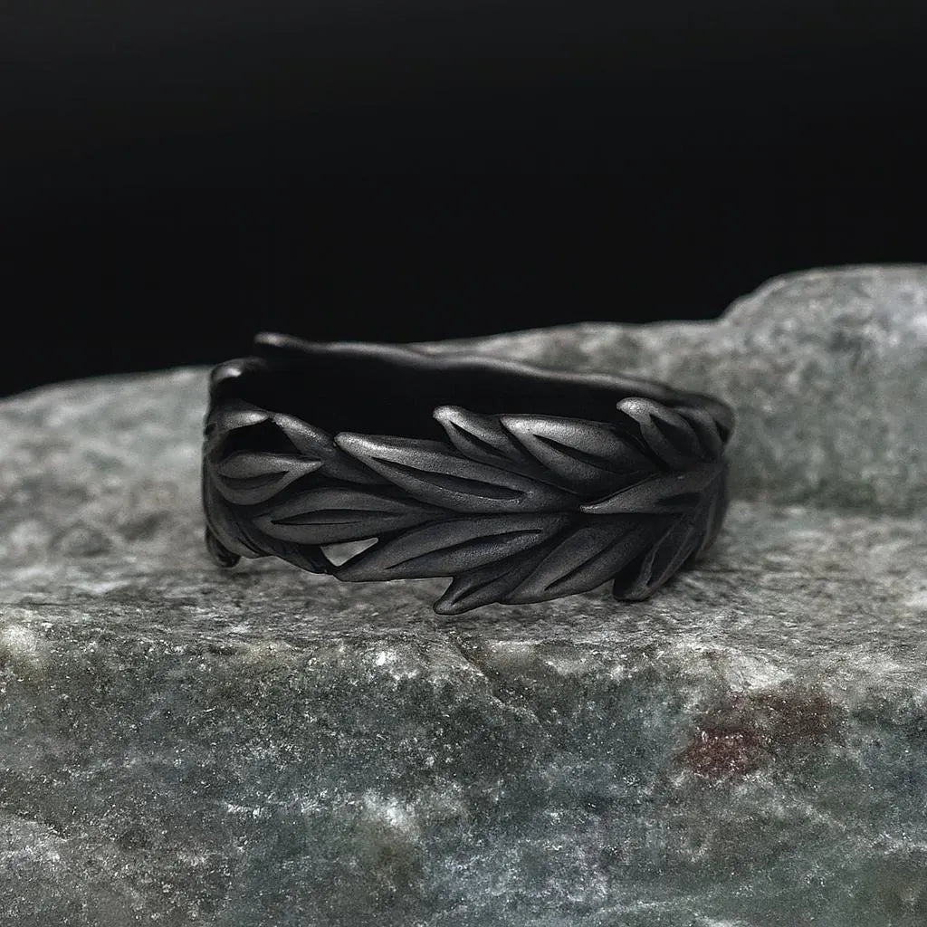 Black Leaf Ring– Matte Oxidized Laurel Band, Viking Jewelry, Nature Inspired Ring